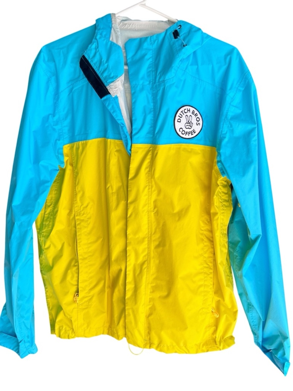Dutch Bros Coffee Blue and Yellow Windbreaker Rain Jacket medium